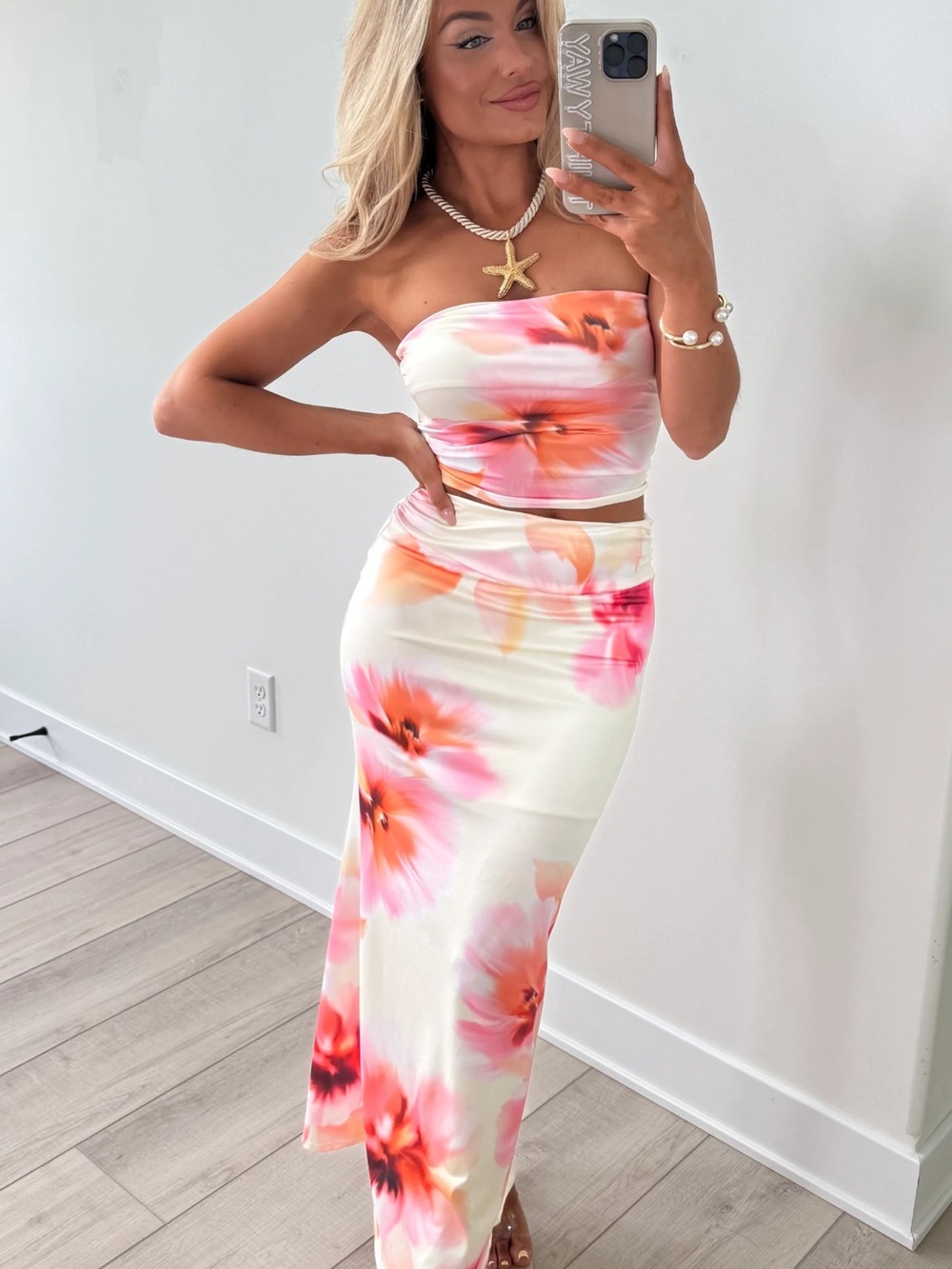 Strapless Floral Maxi Dress in Cream and Pink